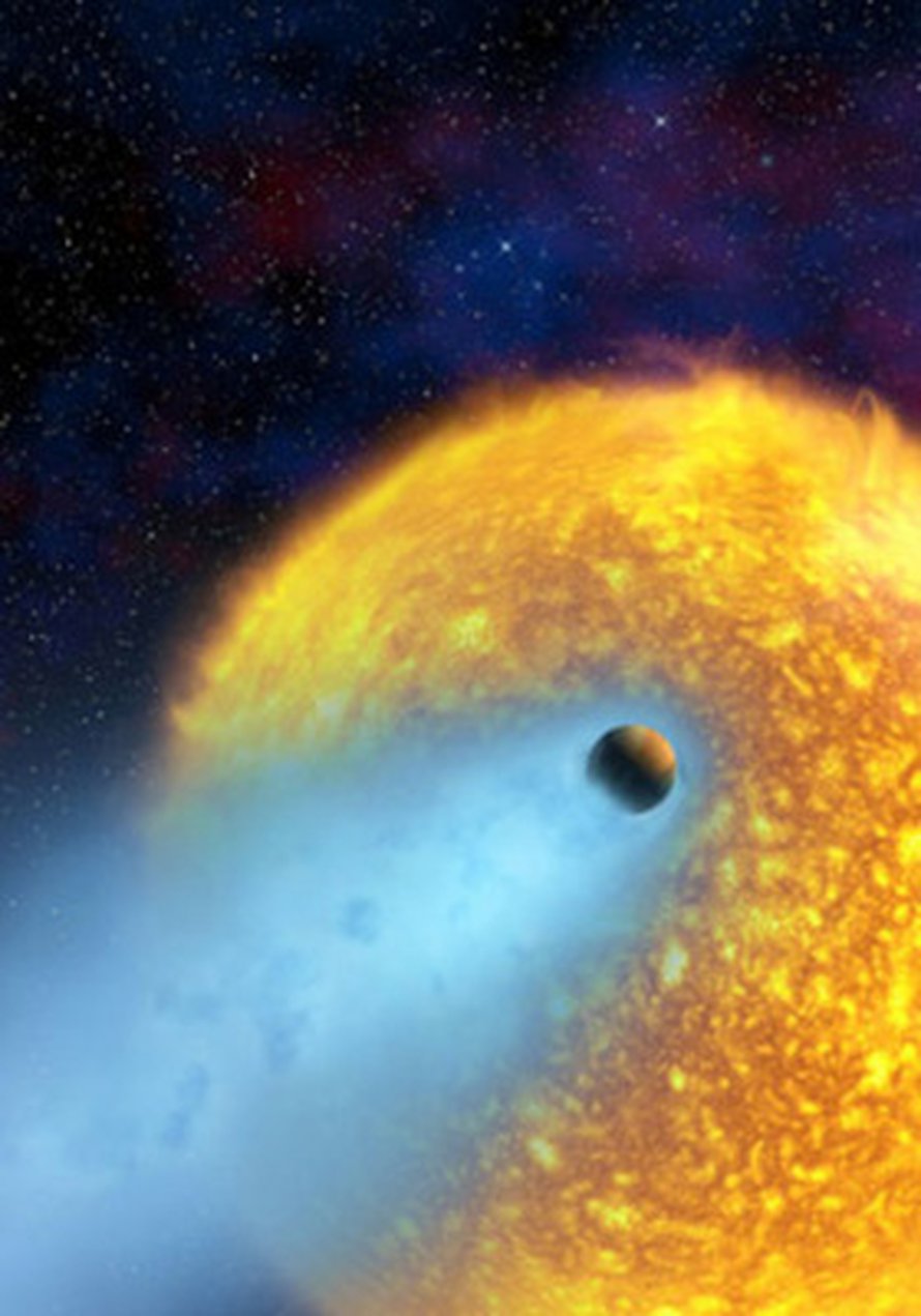 Tähden läheisyys höyrystää HD 209458b:lle komeettamaisen hännän. Kuva NASA, ESA, and Alfred Vidal-Madjar