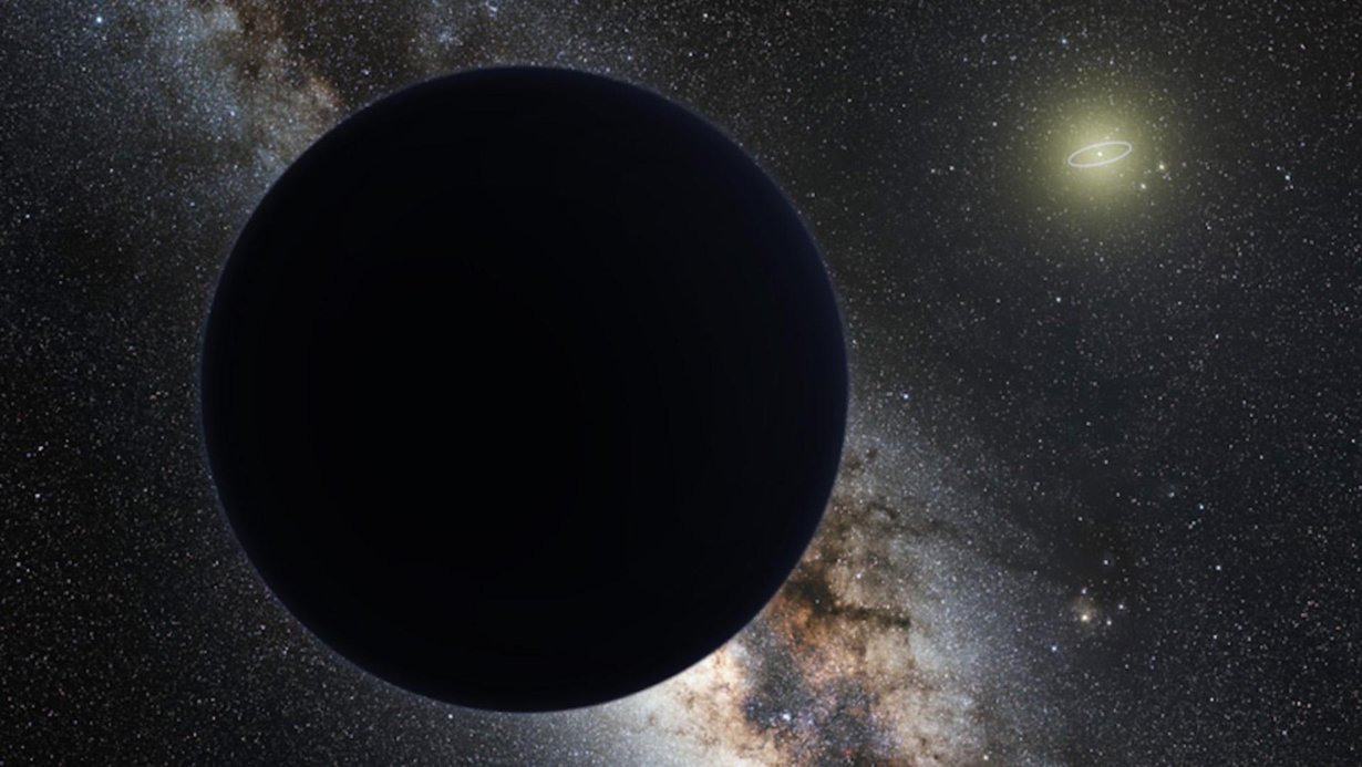 Taiteilijan näkemys yhdeksännestä planeetasta, joka mahdollisesti lymyää aurinkokunnan laidalla. Kuvaan on piirretty Neptunuksen rata Auringon ympäri. Kuva: Tom Ruen / ESO