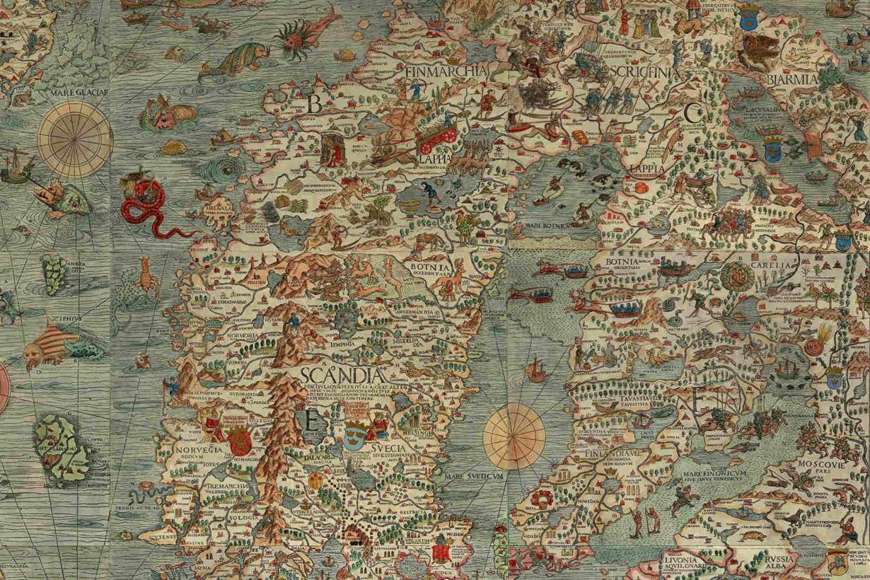 Kirjakielemme on tuntenut sanan Agricolasta alkaen. Samoilta ajoilta on Olaus Magnuksen kartta, jossa kulmakuntamme sai ensimmäisen kerran tunnistettavan muotonsa. Kuva: Wikimedia Commons