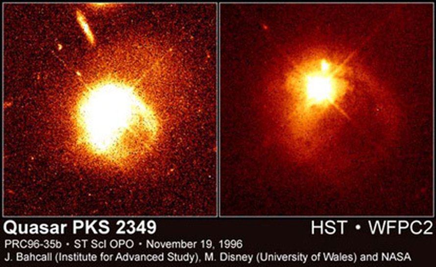 Kvasaarien törmäs Hubblen kuvassa.
Kuva: <span class="photographer">John Bahcall / Institute for Advanced Study/ Princeton, NASA
</span>