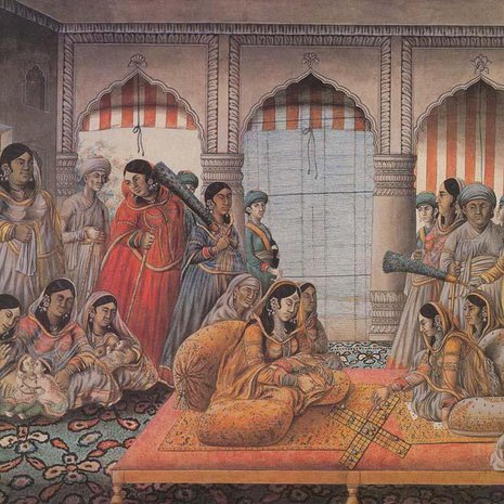 Intialaisessa hovissa miehellä saattoi olla useampia vaimoja. Kuva: <span class="photographer">Senior wives playing chaupar (Lucknow, c.1790)</span>
