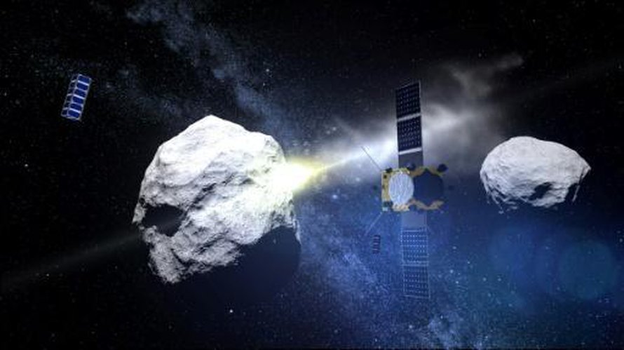 Euroopan avaruusjärjestön havainnekuvassä on asteroidi Didysos ja sitä kiertävä kappale, johon tutkijat törmäyttäisivät luotaimen.