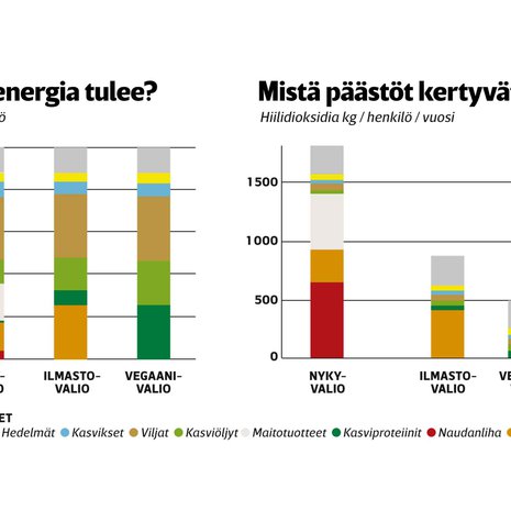 Märehtijöiden liha ja maitotuotteet muodostavat ruoasta noin 20 prosenttia, mutta päästöistä lähes 50. Laskelman nykyvalio on ruotsalaisten keskivertoruokavalio, joten sitä sopii verrata meidän suomalaisten syömisiin.