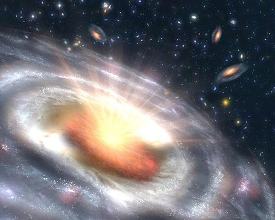 Kvasaarina loistava musta aukko. Kuva: <span class="photographer"><A HREF=http://en.wikipedia.org/wiki/File:Black_hole_quasar_NASA.jpg>Wikimedia Commons</A>.</span>