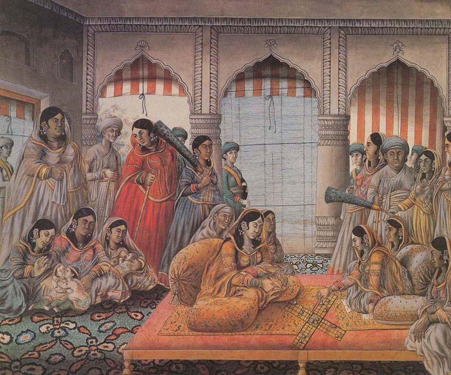 Intialaisessa hovissa miehellä saattoi olla useampia vaimoja. Kuva: <span class="photographer">Senior wives playing chaupar (Lucknow, c.1790)</span>
