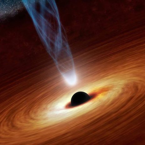 Taiteilijan näkemys supermassiivisesta mustasta aukosta. Se ahmii ainetta ja säteilee hurjasti. Kuva: <span class="photographer">Nasa</span>
