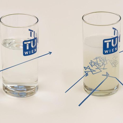 Valo poukkoilee sameassa vedessä, mutta kulkee silti keskimäärin saman matkan kuin kirkaassa. Kuva: <span class="photographer">Tecnische Universität Wien</span>
