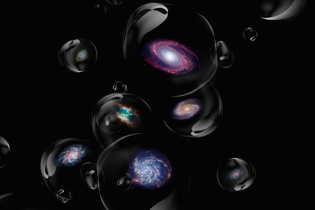 Ikuisen laajenemisen mallissa universumeita pulpahtelee esiin kuin kuplia. Oma universumimme on yksi tällainen kupla. Kuva: Nasa & Shutterstock