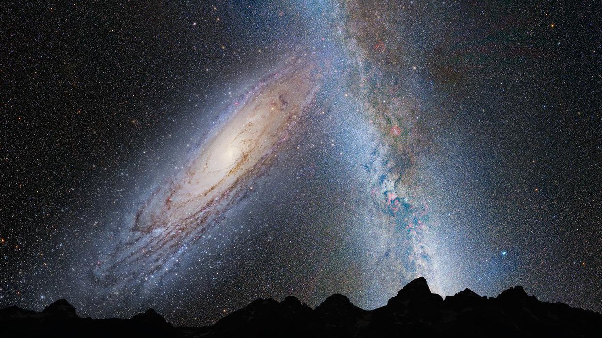 Nasan hahmottelu yötaivaasta kaukana tulevaisuudessa, kun Andromeda alkaa jo olla tosi lähellä Linnunrataa. Kuva: Nasa