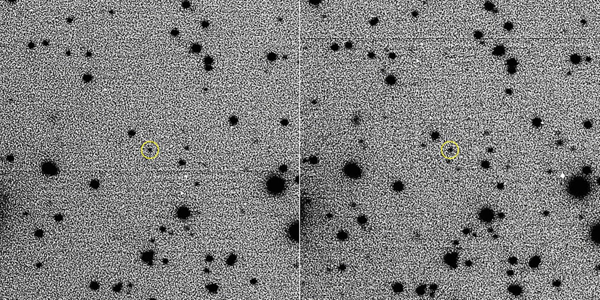 LBTO-teleskooppi kuvasi asteroidin 2015 BZ509, joka on ympäröity keltaisella. Kuva: C. Veillet / Large Binocular Telescope Observatory
