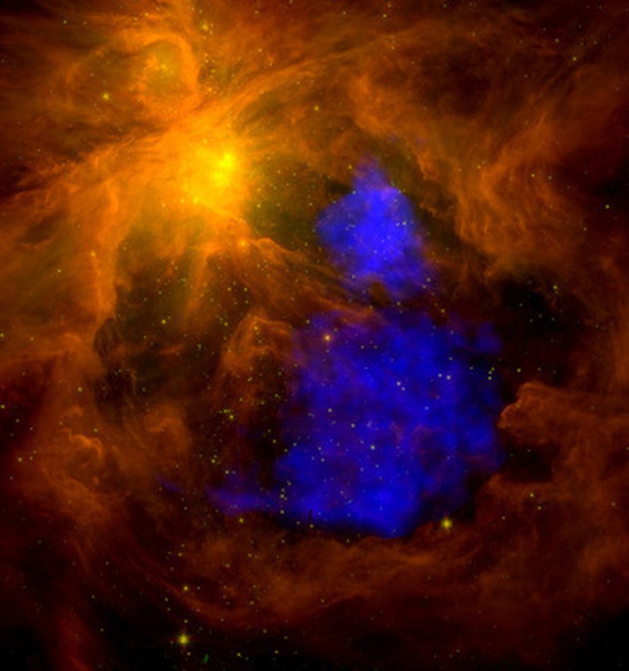Tähtitieteilijät näkivät joulupukin hahmon Orionin tähtisumusta paljastuneessa kaasupilvessä.
Kuva: <span class="photographer">AAAS/Science (koottu ESA:n XMM-Newtonin ja NASA:n Spitzerin mittauksista)</span>