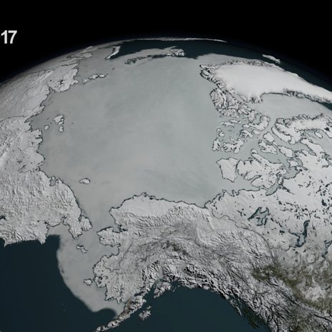 Pohjoisen merialueen jäämaksimi oli mittaushistorian pienin maaliskuun 7. päivänä. Kuva: <span class="photographer">NASA Goddard's Scientific Visualization Studio/L. Perkins</span>