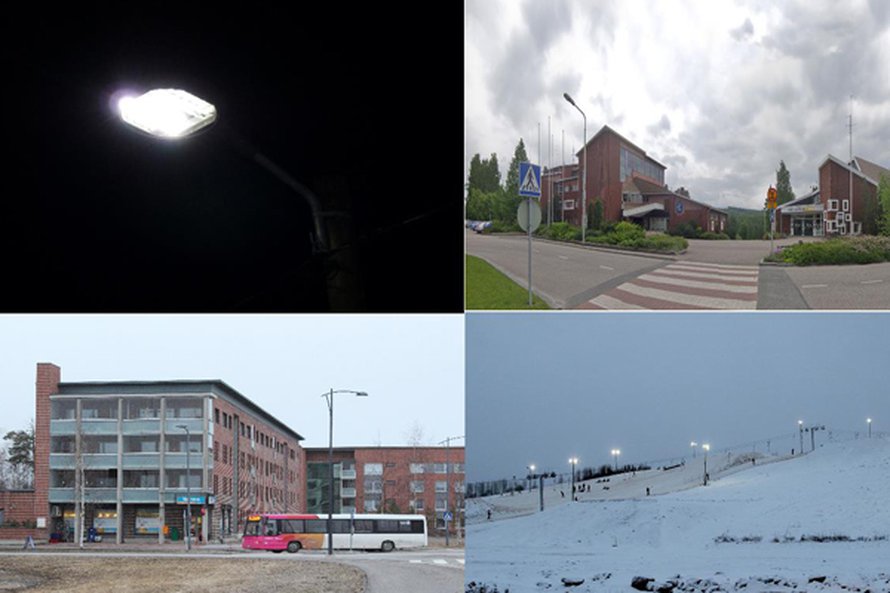 Kuvat vasemmalta oikealle, ylhäältä alas: LED-katuvalo, Äänekosken kaupungintalo, Oulun joukkoliikenteen bussi, Ruskotunturin laskettelukeskus. Kuvien lähde: Wikimedia Commons.