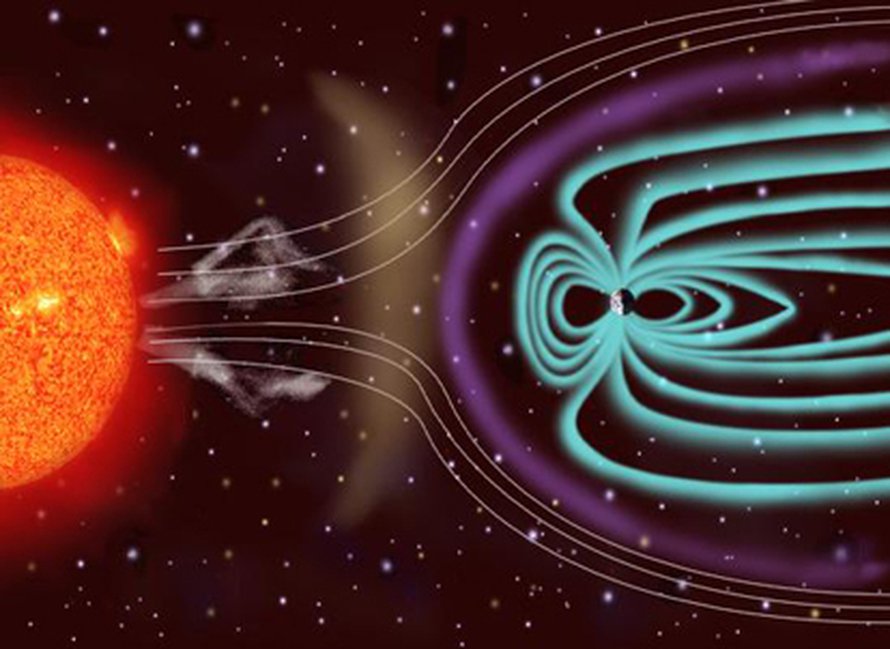 Maan magneettikenttä suojaa meitä Auringosta irtoavilta hiukkasilta. Kuva ESA/NASA SOHO