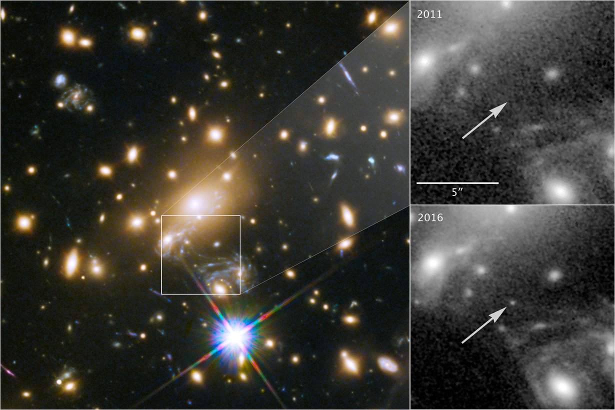 Ikaros näkyy yhdeksän miljardin valovuoden päästä, koska välissä olevan galaksin painovoimalinssi vahvistaa sen valoa. Kuva: NASA, ESA, P. Kelly