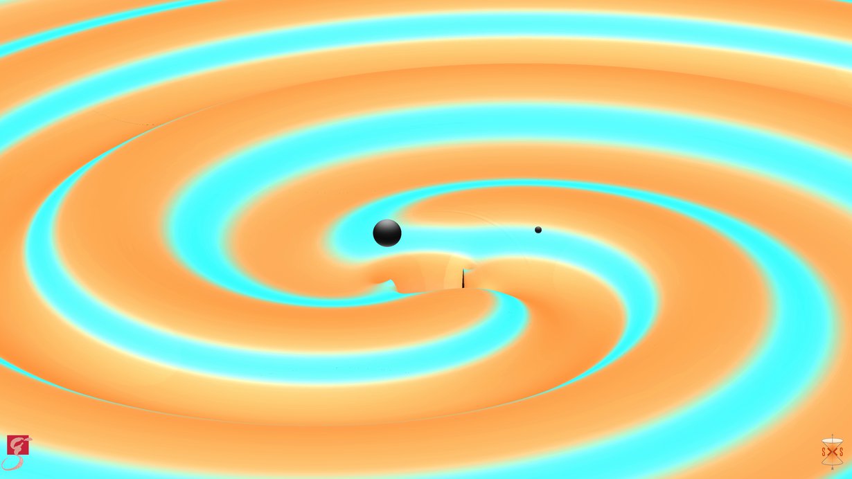 Kahden mustan aukon kiertyessä yhteen vapautui auringon massan verran energiaa. Se sai avaruuden aaltoilemaan. Kuva: T. Dietrich, R. Haas / Max Planck Institute