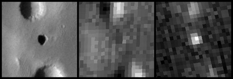 Marsi Odyssey-luotaimen lämpötilahavainnot luolasta, jonka lempinimi on Annie (kuvien keksellä). Kuva: <span class="photographer">NASA/JPL-Caltech/ASU/USGS</span>
