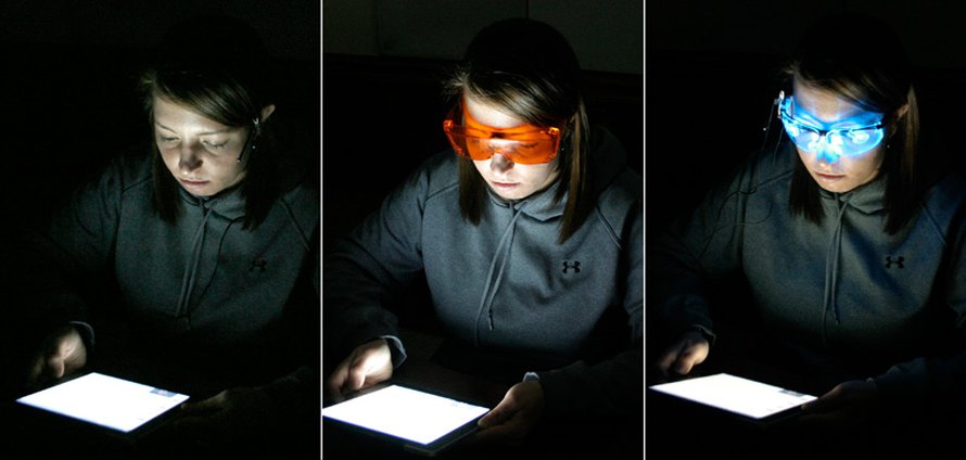 Koehenkilöt testasivat tabletteja paljain silmin, valoa suodattavien oranssien lasien läpi sekä sinisessä led-valossa.