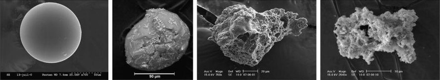 Näytteitä avaruuspölystä. Kappaleet ovat hiuksen läpimitan kokoluokkaa. Kuva: <span class="photographer">Rojas, et all, Earth and Planetary Science Letters</span>