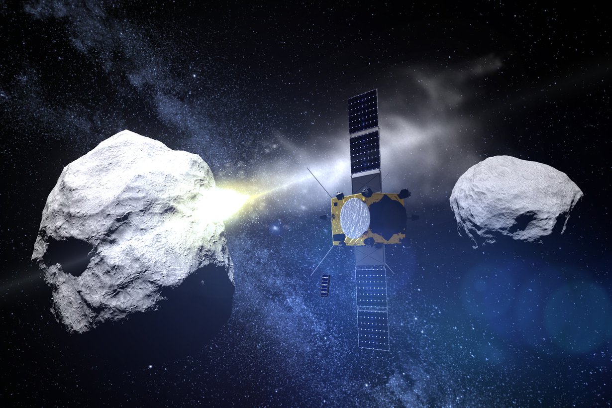 Ensimmäisenä torjuntamanööveriä kokeilee Nasan Dart-luotain Didymos-kaksoisasteroidilla vuonna 2022. Kuva: SPL/MVPhotos
