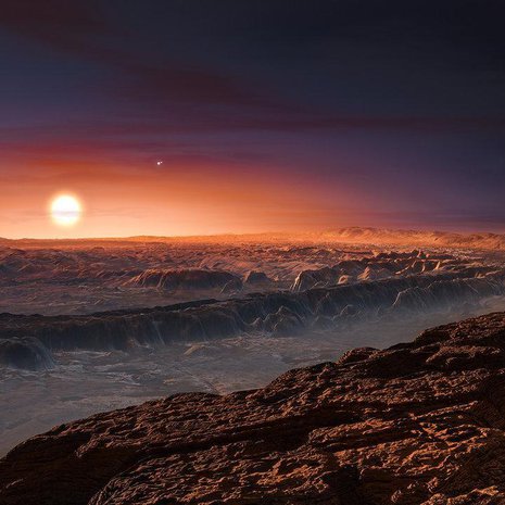 Kuvittajan näkemys siitä, millaista voisi olla Proxima b:n pinnalla. Kuva: <span class="photographer">M. Kommesser ESO</span>