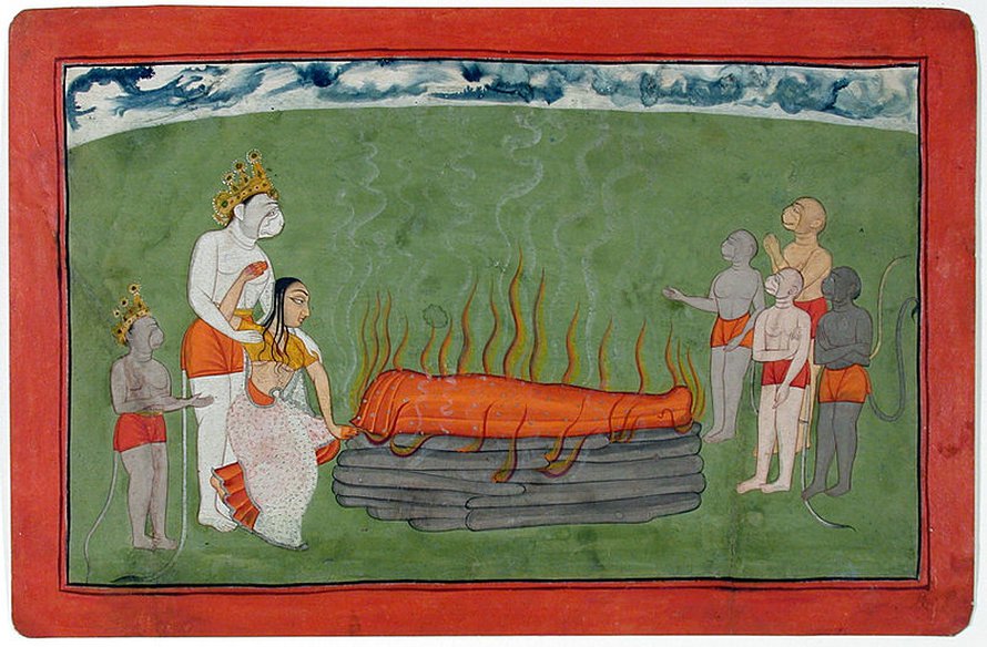 Näin haudattiin intialaisessa mytologiassa esiintyvä apinakuningas Bali. Piirros 1600-luvun lopulta. Kuva: <span class="photographer">Wikimedia Commons.</span>