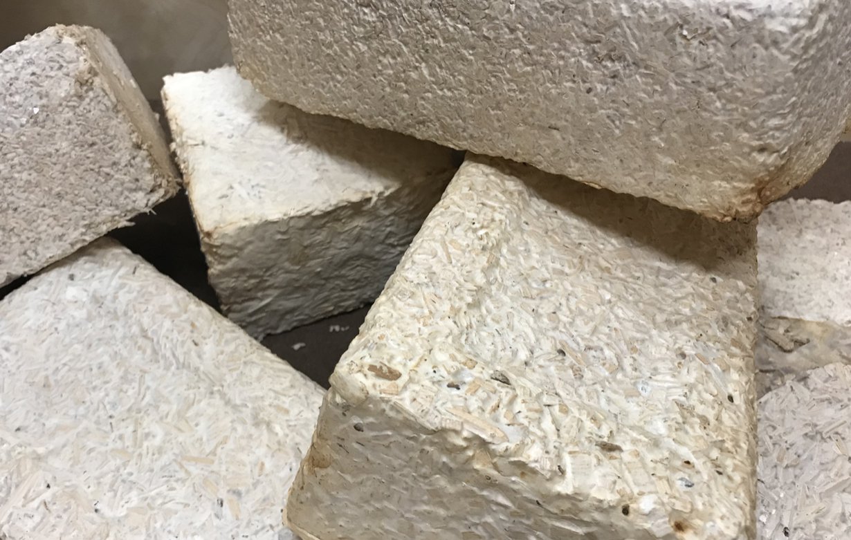 Kuvan tiilissä on käytetty sienirihmastoa, pihajätettä ja puulastuja. Bakteereista on tehty laboratorioissa materiaaleja Kuuta, Marsia ja Maata varten, mutta tiilen vanha muoto on säilynyt. Raaka-aineeksi kelpaisi myös Kuun pöly. Kuva: Stanford-Brown-RISD iGEM Team