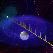 Taiteilijan näkemys neutronitähden lähettämästä pulssista, joita valkoinen kääpiö hidastaa. Kuva: <span class="photographer">NRAO/AUI/NSF</span>