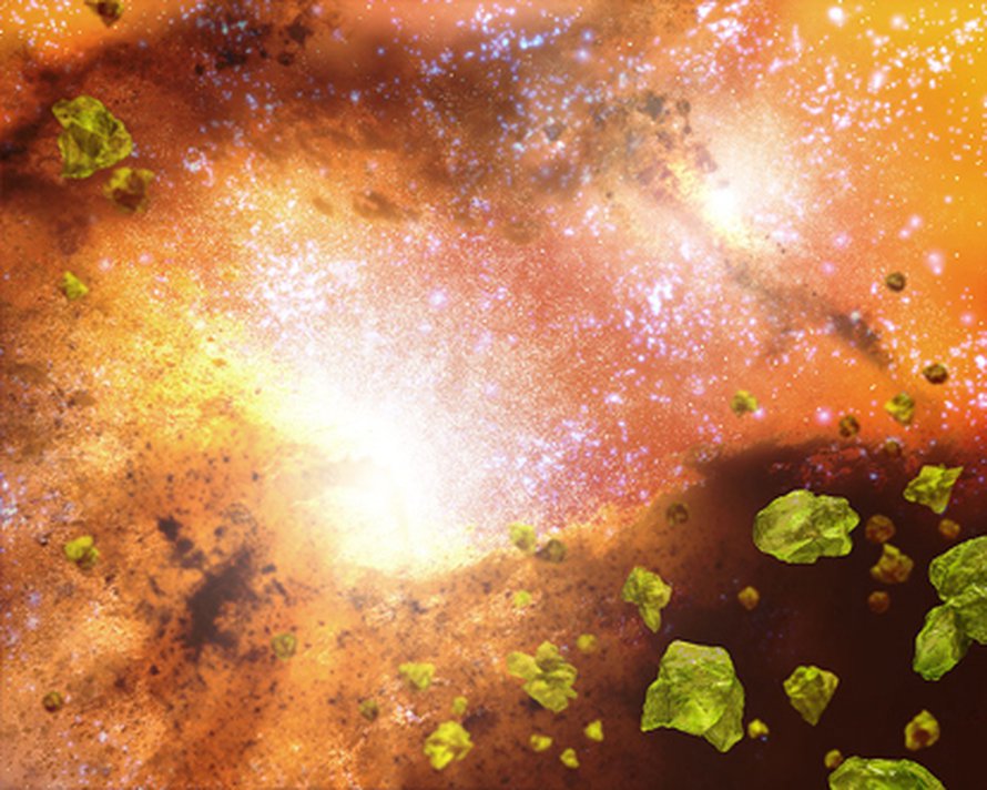 Taiteilijan näkemys lasinsirujen ympäröimistä galaksien ytimissä (NASA/JPL-Caltech/T. Pyle).