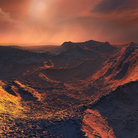 Löydetylle planeetalle luo valoa himmeä punainen kääpiötähti. Taiteilijan näkemys planeetan pinnanmuodoista. Kuva: <span class="photographer">M. Kornmesser / Eso</span>