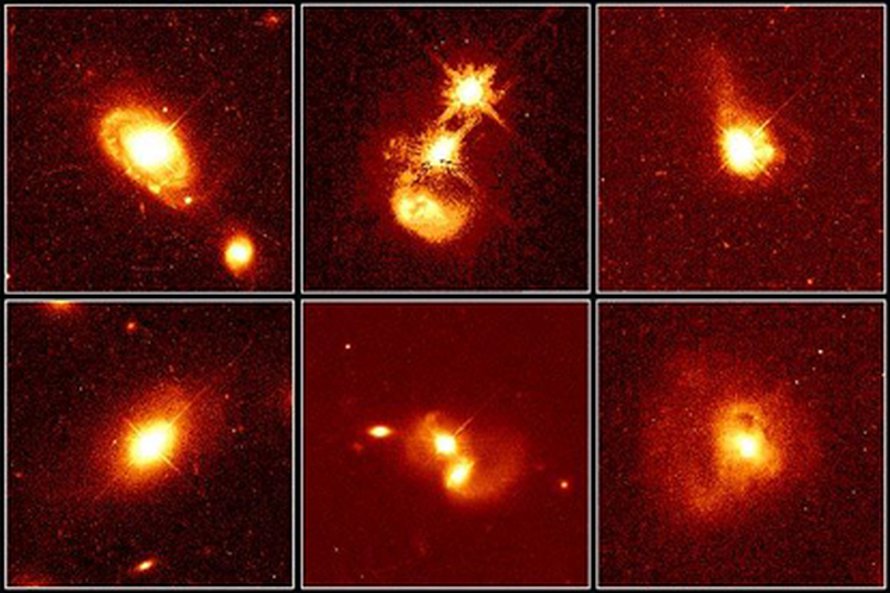 Kvasaareja ympäristöineen. Itse kvasaarit loistavat kaukoputken apupeilin "luomin" sakaroin. Kuva kuva J. Bahcall, M. Disney, NASA