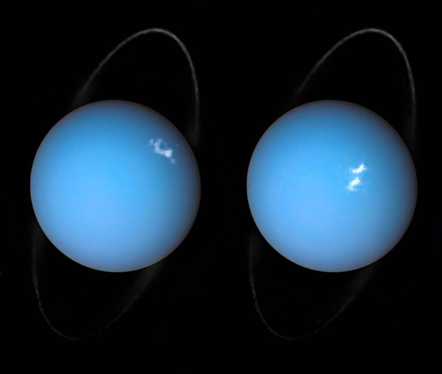 Uranus esittelee piirteitään avaruusteleskooppi Hubblen ja Voyager 2 -luotaimen tiedoista koostetuissa kuvissa. Planeetalla näkyy rengas ja revontulia. Kuva: <span class="photographer">Nasa</span>