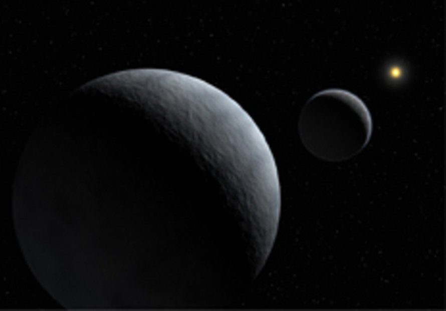 Pluto ja Charon kuvattuna planeetan pikkukuun pinnalta (kuva: ESO).