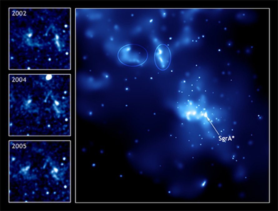 Chandran kuvassa näkyy Sagittarius A*:n puoli vuosisataa aiemman kirkastumisen kaiku. Pienet kuvat näyttävät, miten sama paikka on muuttunut neljässä vuodessa. Kuva: <span class="photographer">NASA/CXC/Caltech/M.Muno et al.</span>