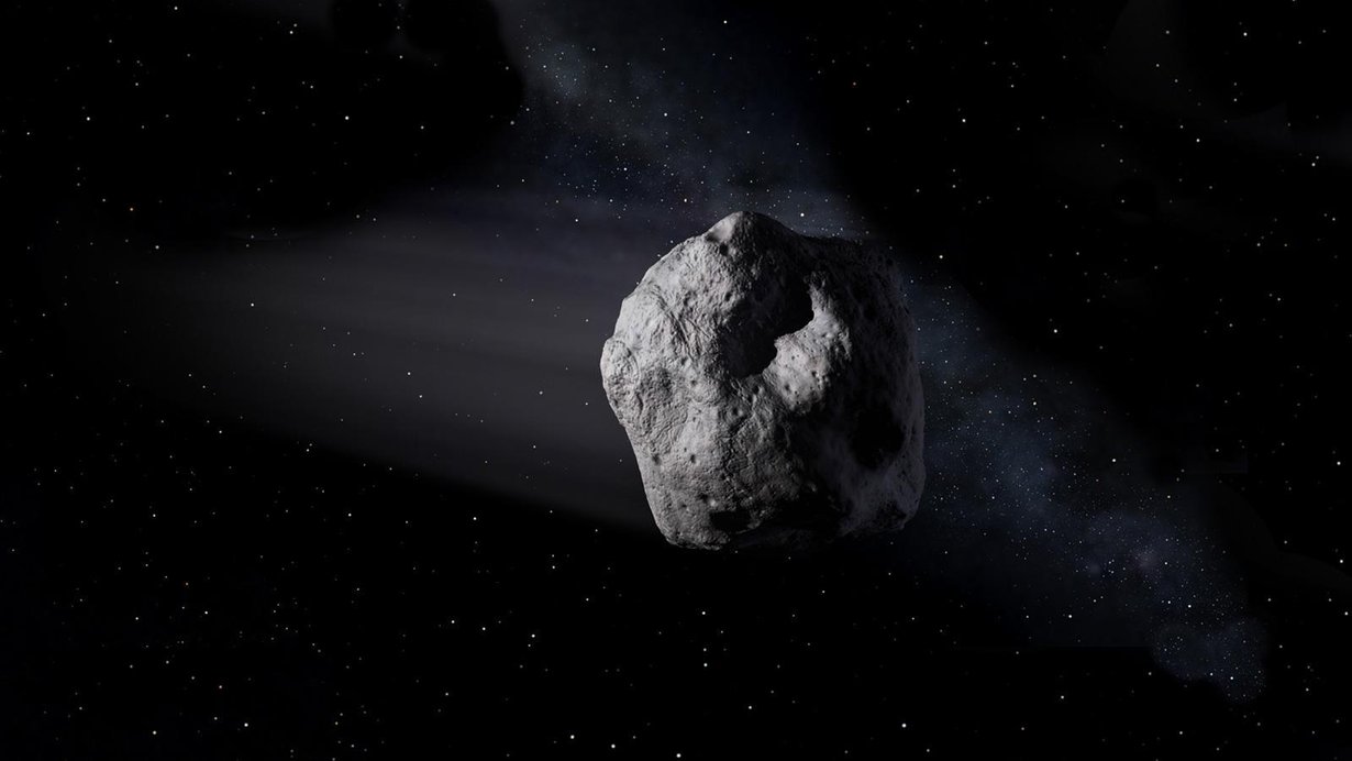 Taiteilijan näkemys 2020 SW:n kaltaisesta asteroidista.