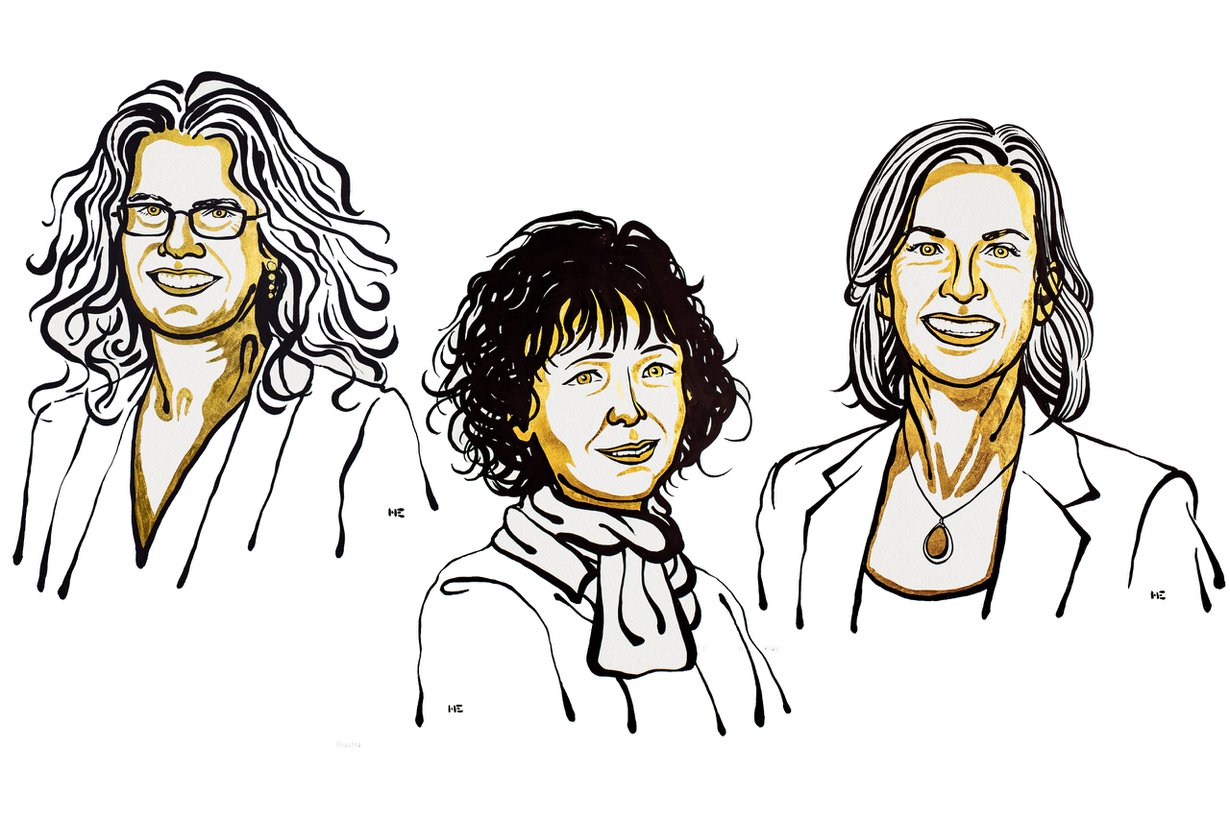 Tuoreet nobelistit: Andrea Ghez, fysiikka sekä Emmanuelle Charpentier ja Jennifer Doudna, kemia. Kuvat: Nobel Media/Niklas Elmehed