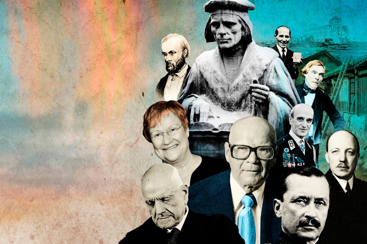 Kansa äänesti Agricolan ohi Kiven, Lönnrotin, Snellmanin ja Runebergin 2004. Suurimmaksi suomalaiseksi nousi Mannerheim. Kuvitus: Jussi Jääskeläinen