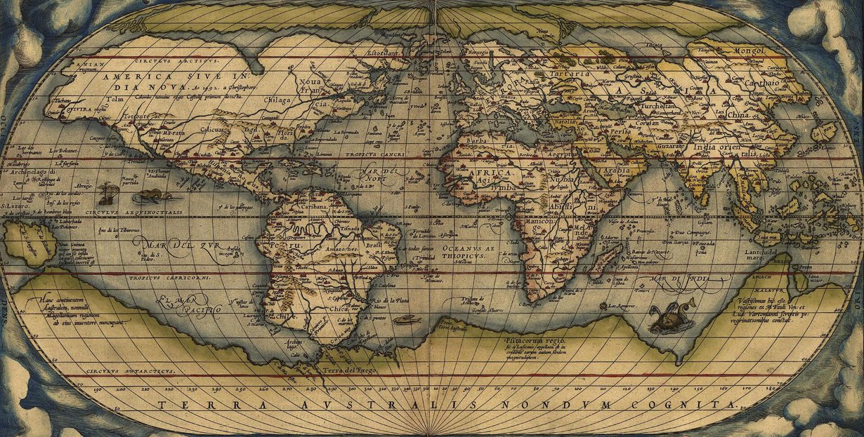 Orteliuksen maailmankartassa noin vuodelta 1570 näkyy jo Amerikat. Kuva: Shutterstock