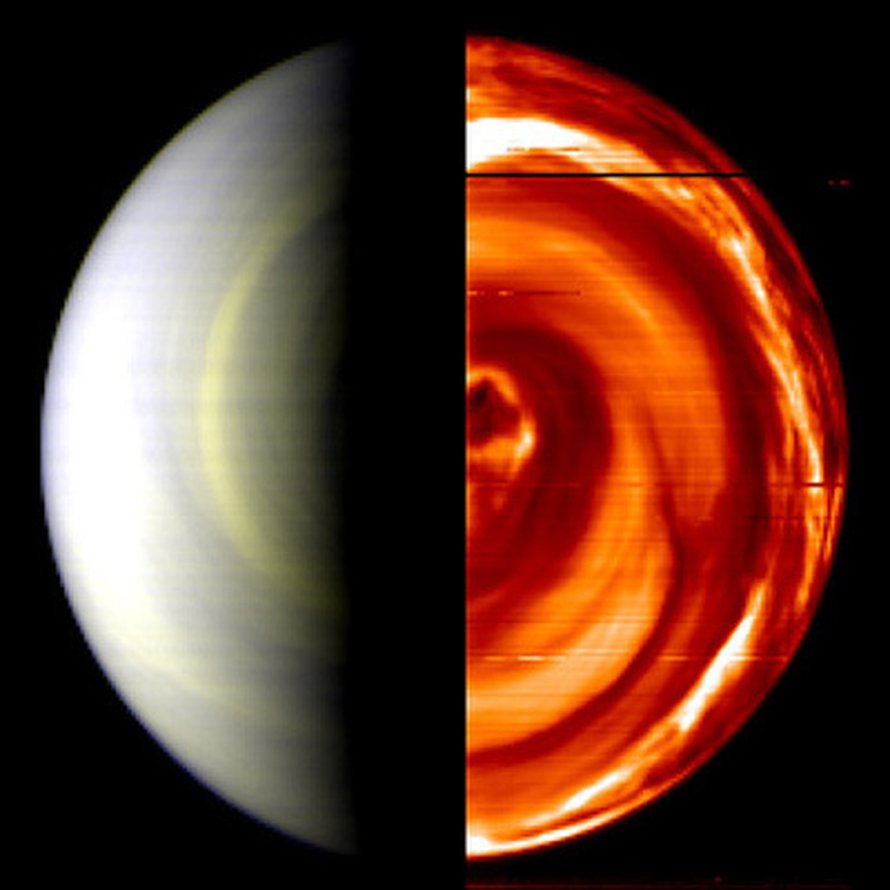 Jo yli vuoden Venusta kiertänyt Venus Express nappasi tutkimusmatkansa alussa ensimmäisen kuvan Venuksen etelänavalta. Kuva: <span class="photographer">ESA/CNR-IASF, Italy and Observatoire de Paris, France</span>