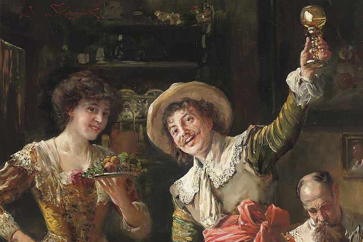 Onnittelumaljan ohessa toivotetaan terveyttä. Maalaus: Jan Skramlik:The Toast/Wikimedia Commons