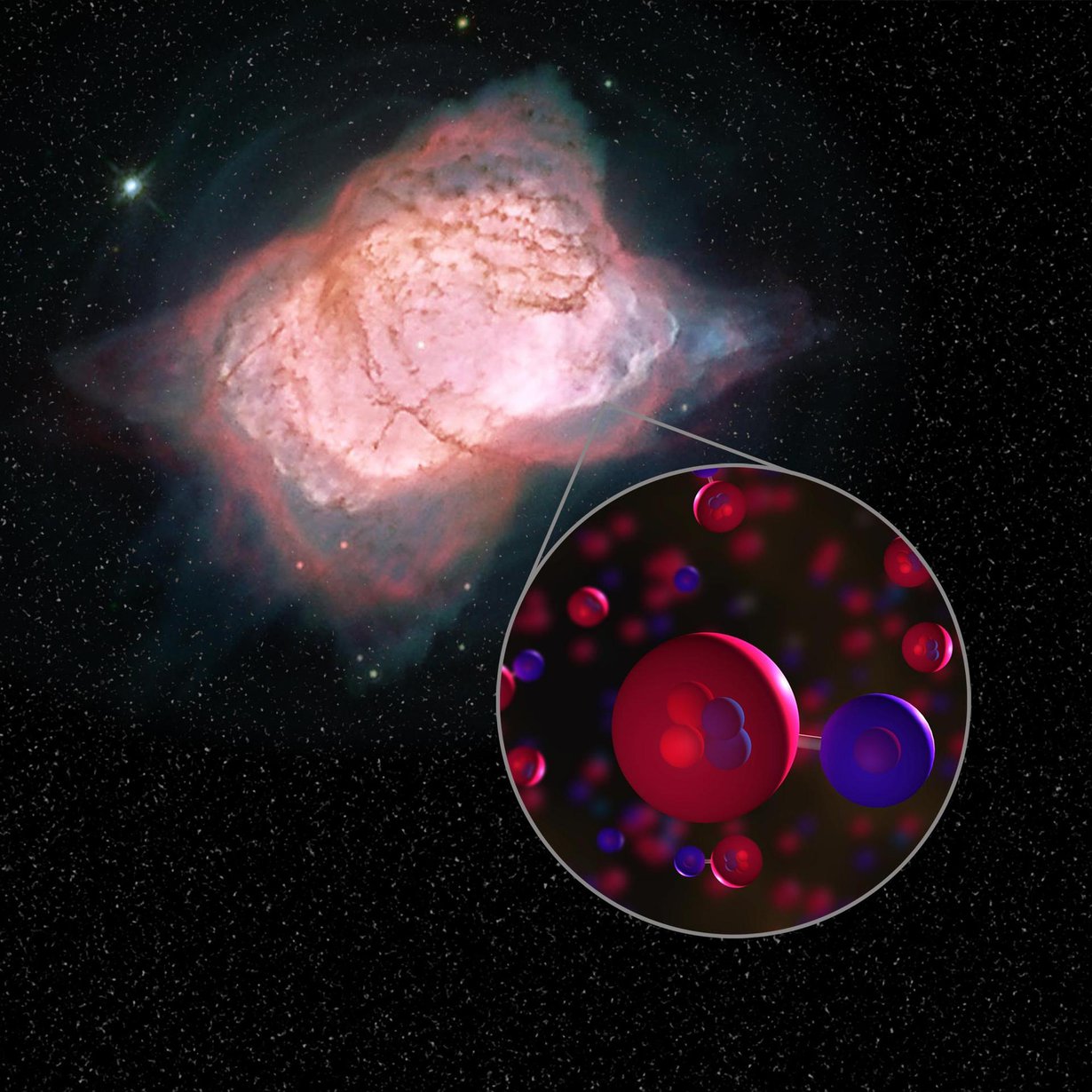 Planetaarinen tähtisumu NGC 7027 sisältää heliumhydridiä, joka koostuu heliumatomista ja vetyatomista. Kuva: Nasa