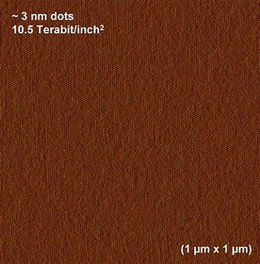 Atomivoimamikroskooppikuva järjestäytyneistä nanoelementeistä, joita voi käyttää muistina. Kuvan leveys noin mikrometri. (Soojin Park/UMass Amherst)