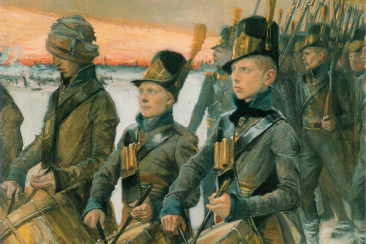 Suomen sodan aikaan sotilaita yksilöivät vielä ruotsinkieliset nimet. Maalaus Albert Edelfelt, kuva: Wikimedia Commons