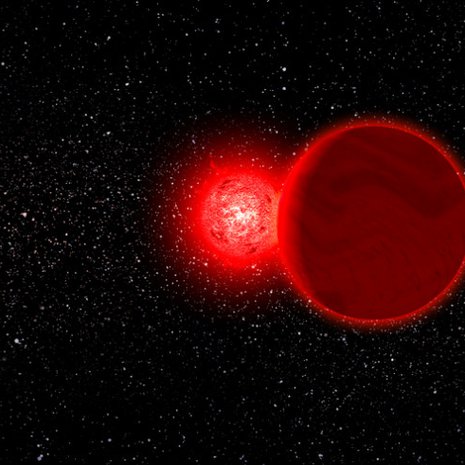 Taitelijan näkemys tähdestä, joka kulki aurinkokuntamme ulkoreunan läpi 70 000 vuotta sitten. Aurinko näkyisi tähden lähellä melko kirkkaana pisteenä, kuten kuvassa. Nyt tähti ja sitä kiertävä ruskea kääpiö ovat jo noin 20 valovuoden päässä Maasta. Kuva: <span class="photographer">Michael Osadciw / University of Rochester</span>