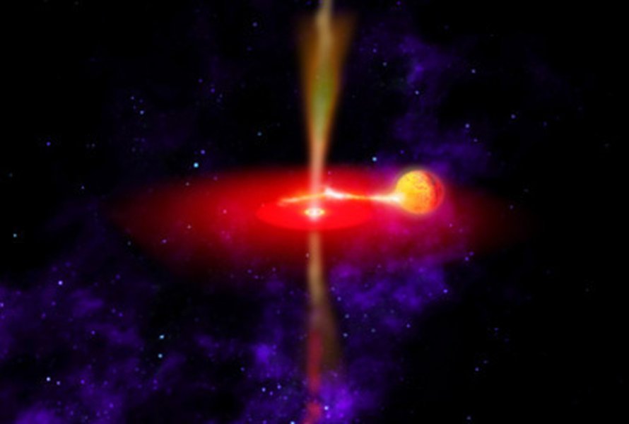 Mustaan aukkoon kiertyy kumppanitähden kaasua. Kuva: <span class="photographer">NASA</span>