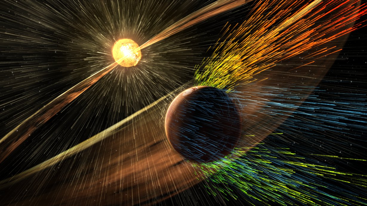 Taiteilijan näkemys siitä, miten aurinkotuulet repivät ioneja Marsin yläilmakehästä. Kuva: NASA/GSFC