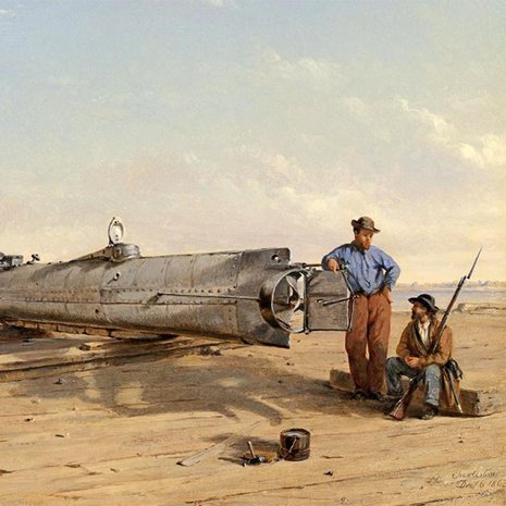 H. L. Hunley oli ensimmäinen sukellusvene, joka upotti toisen aluksen. Samalla se kuitenkin upposi myös itse miehistöineen 1864. Conrad Wise Chapmanin maalaus. Kuva: <span class="photographer">Wikimedia Commons</span>