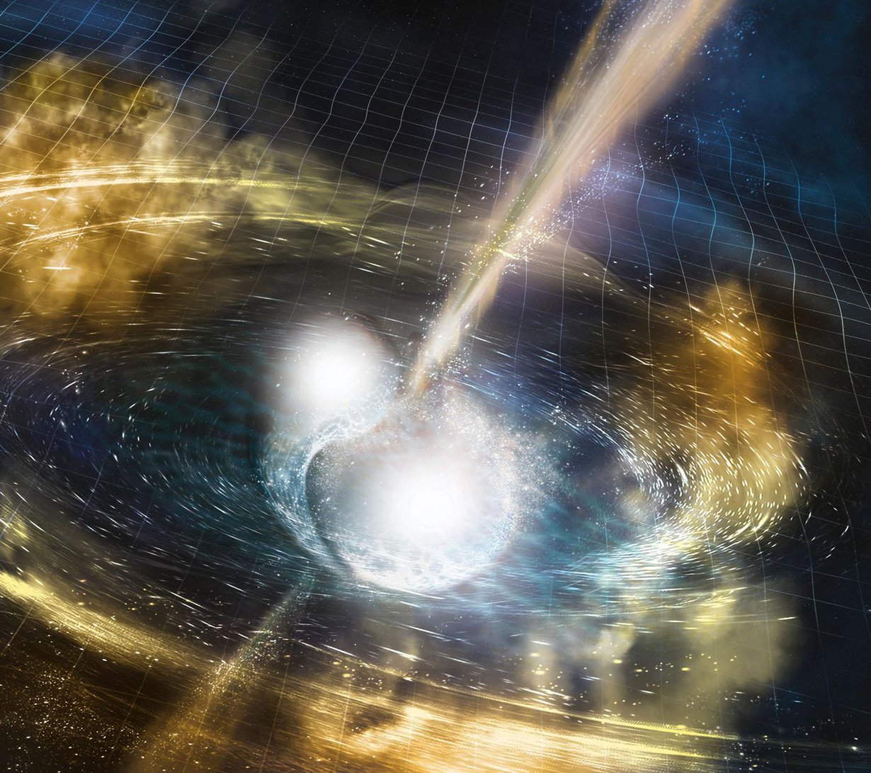 Taiteilijan näkemys neutronitähtien törmäyksestä. Kuva: NSF/LIGO/Sonoma State University/A. Simonnet