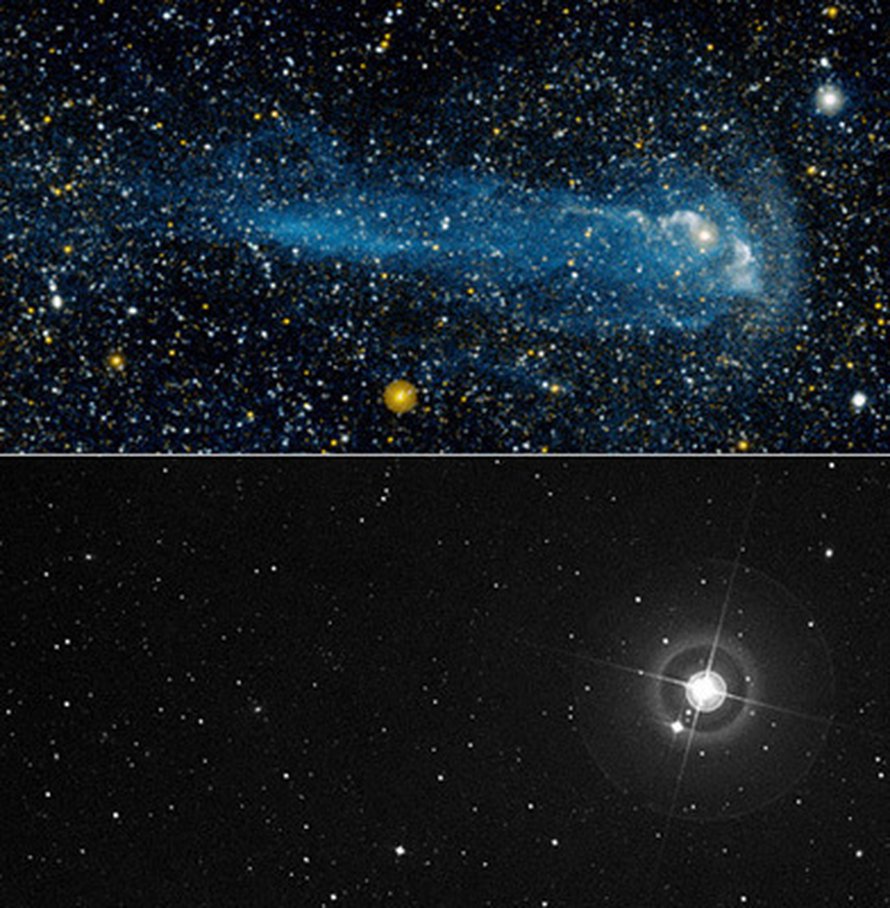 Miran "pyrstö" hohkaa ultraviolettivaloa (yllä). Näkyvän valon kuvassa sitä ei näy (alla). Kuva NASA/JPL-Caltech/POSS-II/DSS