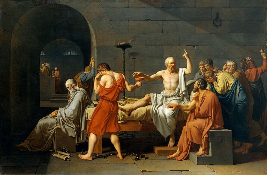 Sokrateen kuolema Jacques-Louis Davidin maalaamana. Sokrates tuomittiin kuolemaan ja hän joutui juomaan myrkkykatkosta tehdyn juoman. Myrkkykatkon koniini salpaa hengityslihakset, joten kuoleman syynä on tukehtuminen.